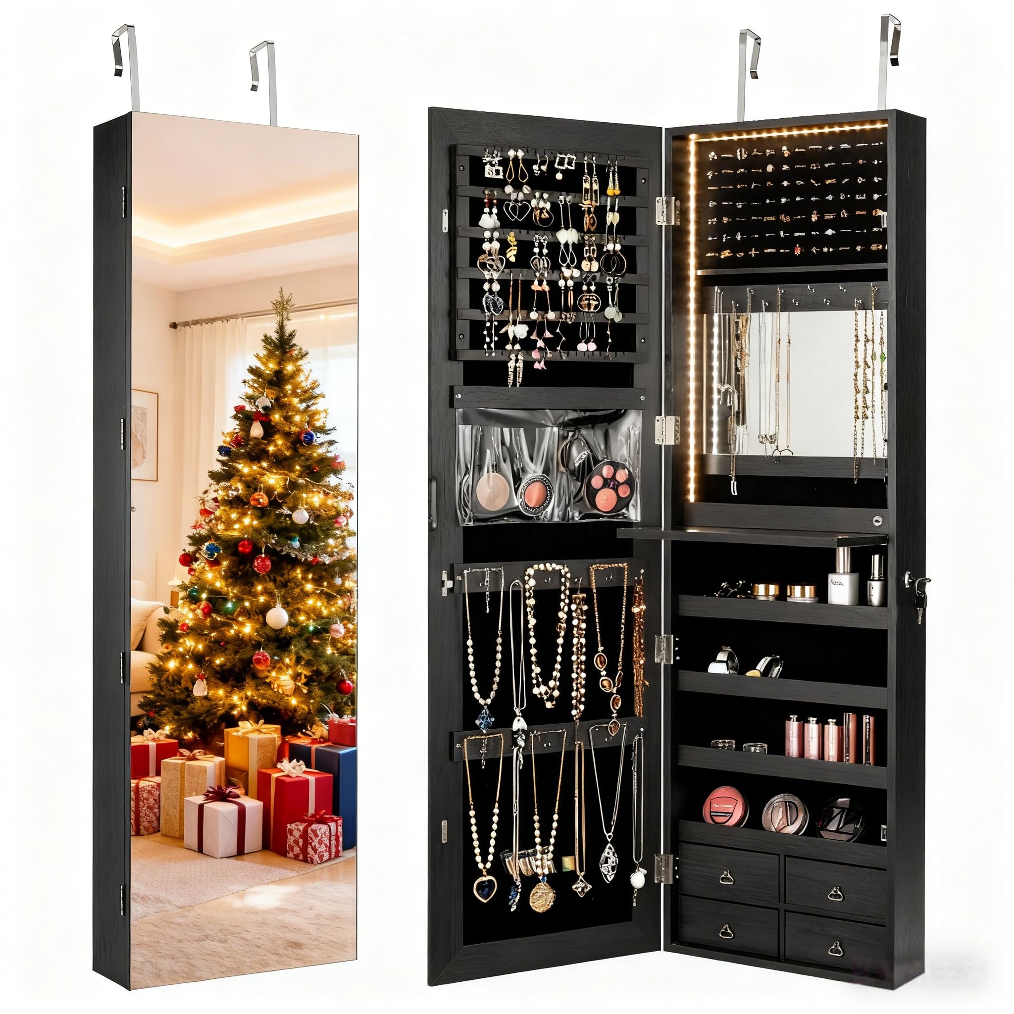 Full Length Mirror Jewelry Armoire - 47” LED Jewelry Armoire, Door/Wall Mounted